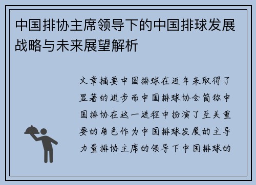 中国排协主席领导下的中国排球发展战略与未来展望解析