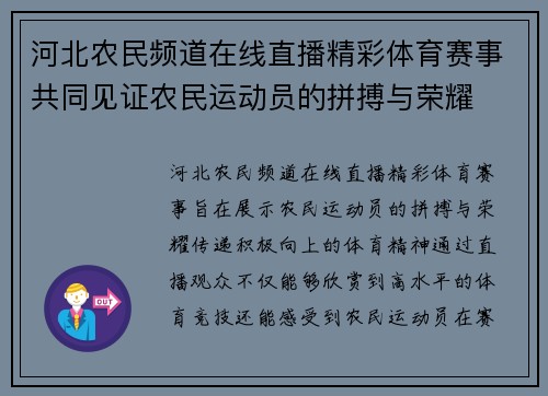 河北农民频道在线直播精彩体育赛事共同见证农民运动员的拼搏与荣耀