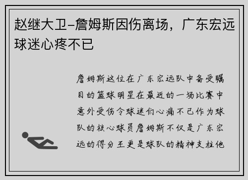 赵继大卫-詹姆斯因伤离场，广东宏远球迷心疼不已