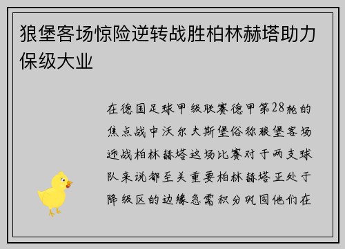 狼堡客场惊险逆转战胜柏林赫塔助力保级大业
